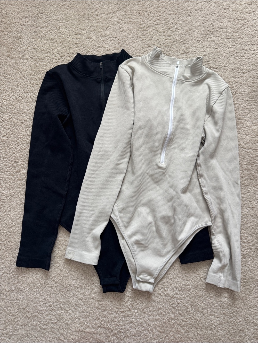 Women's Long-Sleeve Bodysuit in Light Beige and black bundle - size large